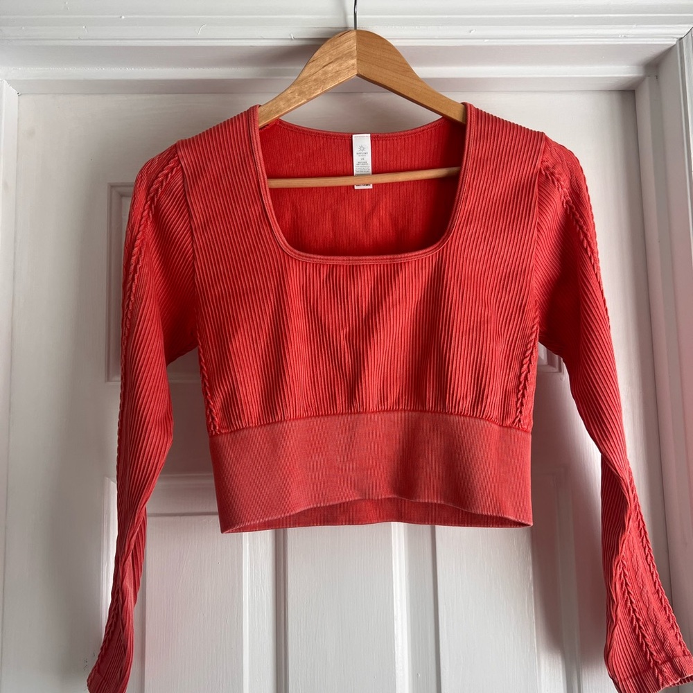 Offline by Aerie Red/Orange Ribbed Long Sleeve Crop Top